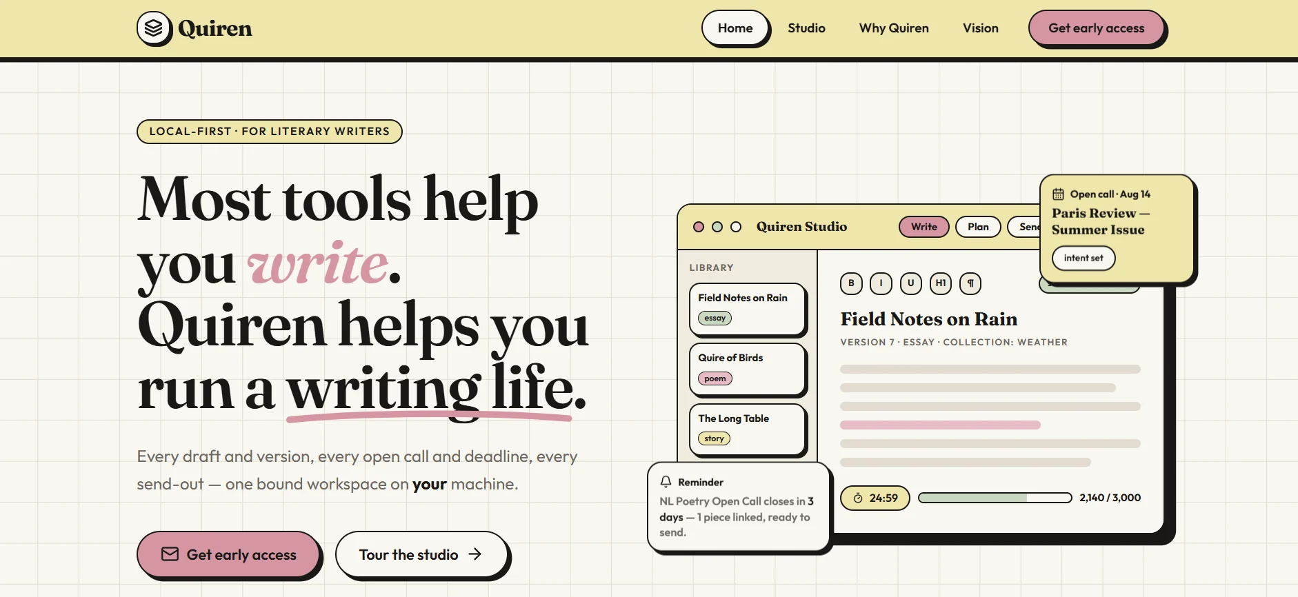 Quiren landing page - local-first studio for literary writers