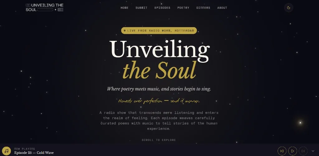 Unveiling the Soul website - night theme